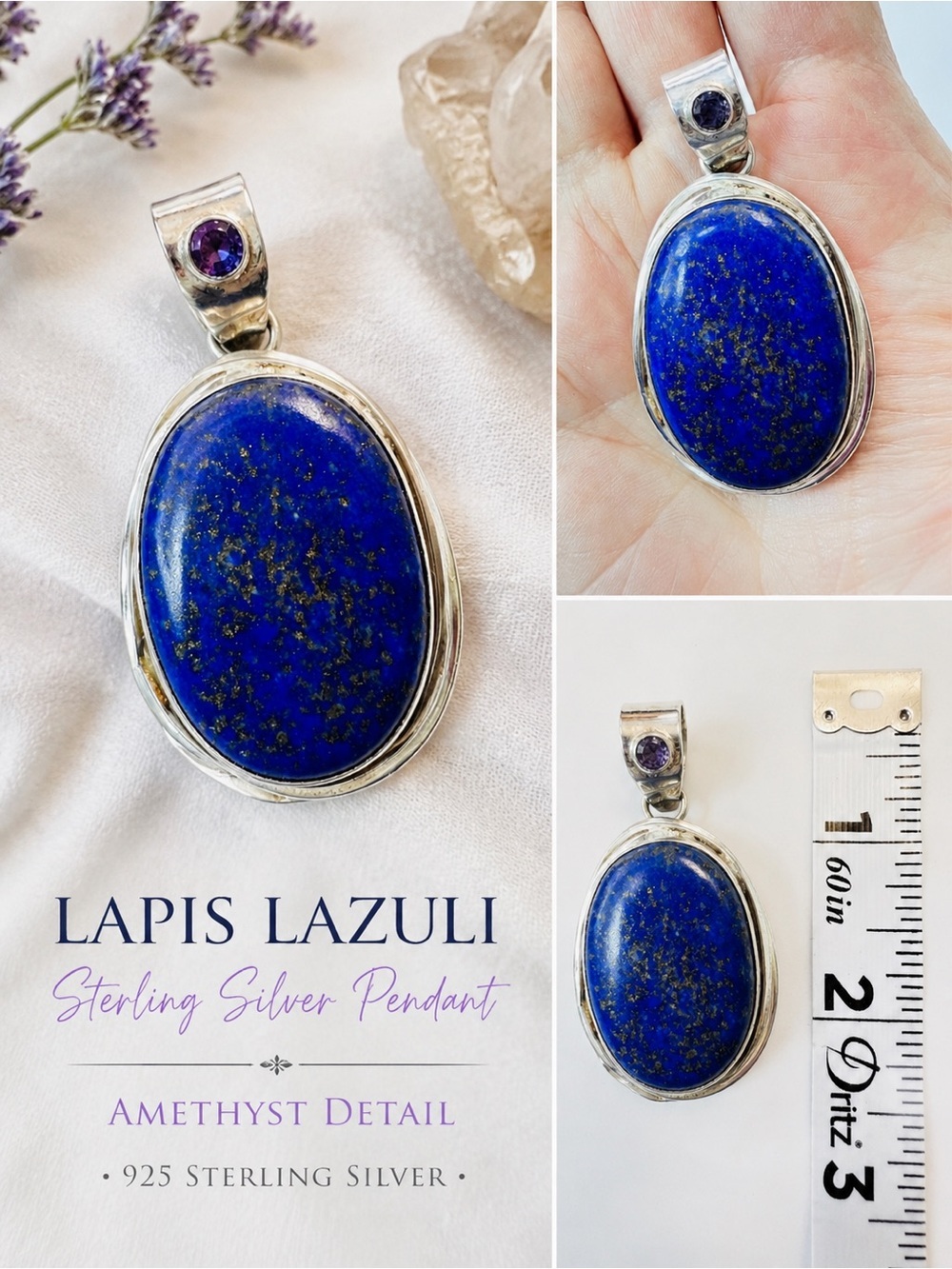 Lapis Lazuli & Amethyst 925 Sterling Silver Pendant Large Statement Gemstone